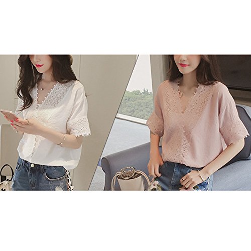 Blusa de encaje con cuello en V simple para mujer, blusa de verano Blusas sin mangas sueltas con encaje hueco