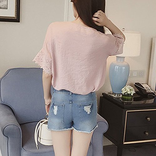 Blusa de encaje con cuello en V simple para mujer, blusa de verano Blusas sin mangas sueltas con encaje hueco