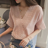 Blusa de encaje con cuello en V simple para mujer, blusa de verano Blusas sin mangas sueltas con encaje hueco
