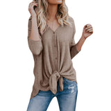 Eachbid Blusa Suelta para Mujer de Manga Larga con Cuello en v Abajo del botón Camisetas Tie Nudo Frontal Tops Casuales Ropa t Shirt Camisa de Nueva Moda Mujer de otoño Invierno，Caqui S