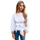 FTVOGUE - Blusa de Cintura para Mujer, Cuello de Barco, Manga Larga, Playera