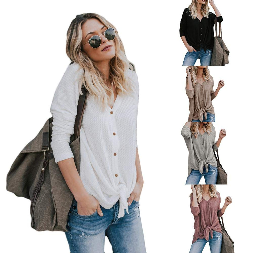 Eachbid Blusa Suelta para Mujer de Manga Larga con Cuello en v Abajo del botón Camisetas Tie Nudo Frontal Tops Casuales Ropa t Shirt Camisa de Nueva Moda Mujer de otoño Invierno，Caqui S