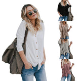 Eachbid Blusa Suelta para Mujer de Manga Larga con Cuello en v Abajo del botón Camisetas Tie Nudo Frontal Tops Casuales Ropa t Shirt Camisa de Nueva Moda Mujer de otoño Invierno，Caqui S