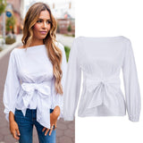 FTVOGUE - Blusa de Cintura para Mujer, Cuello de Barco, Manga Larga, Playera