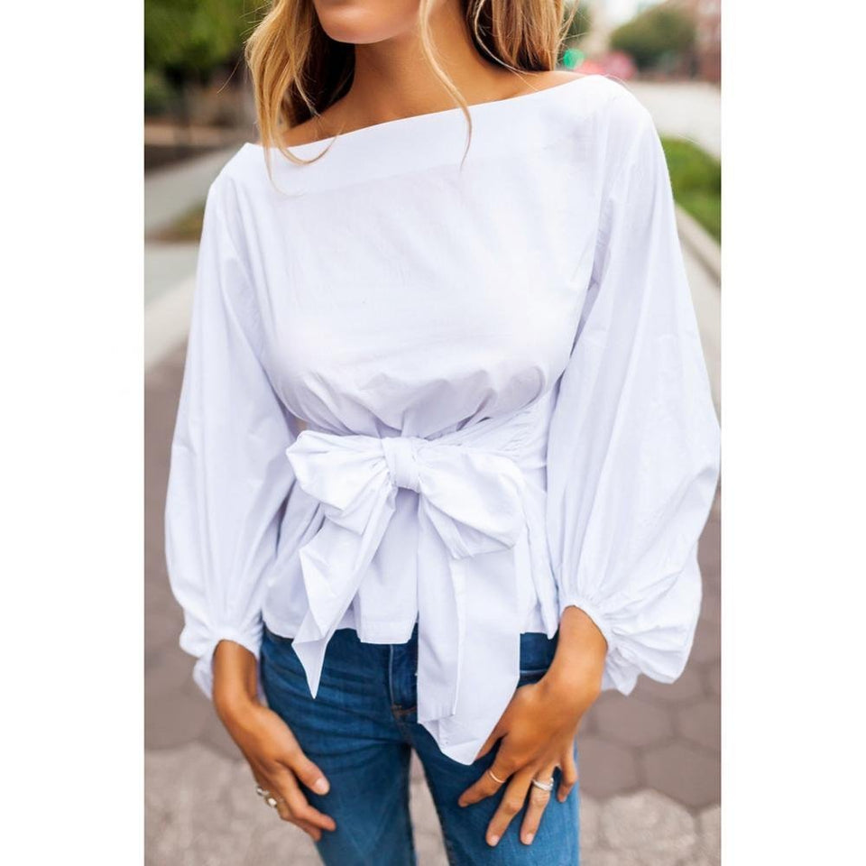 FTVOGUE - Blusa de Cintura para Mujer, Cuello de Barco, Manga Larga, Playera
