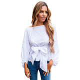 FTVOGUE - Blusa de Cintura para Mujer, Cuello de Barco, Manga Larga, Playera