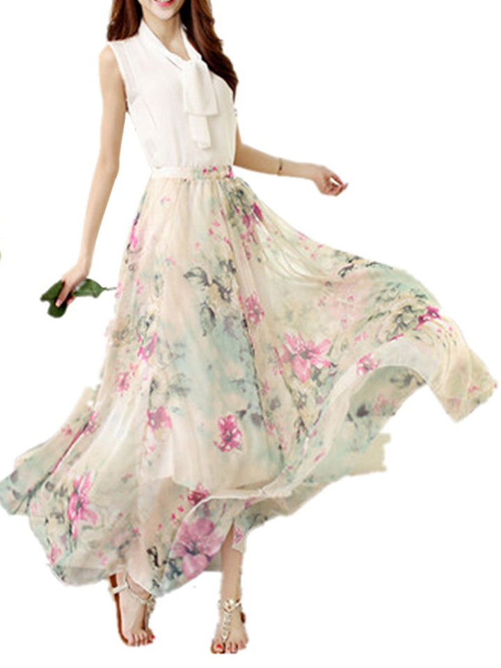 KINDOYO Verano Falda para Mujeres - Moda Cintura Alta Boho Skirt con Floral Patrón Cintura Elástica Plisada Acampanada Larga Falda para Playa Vacación