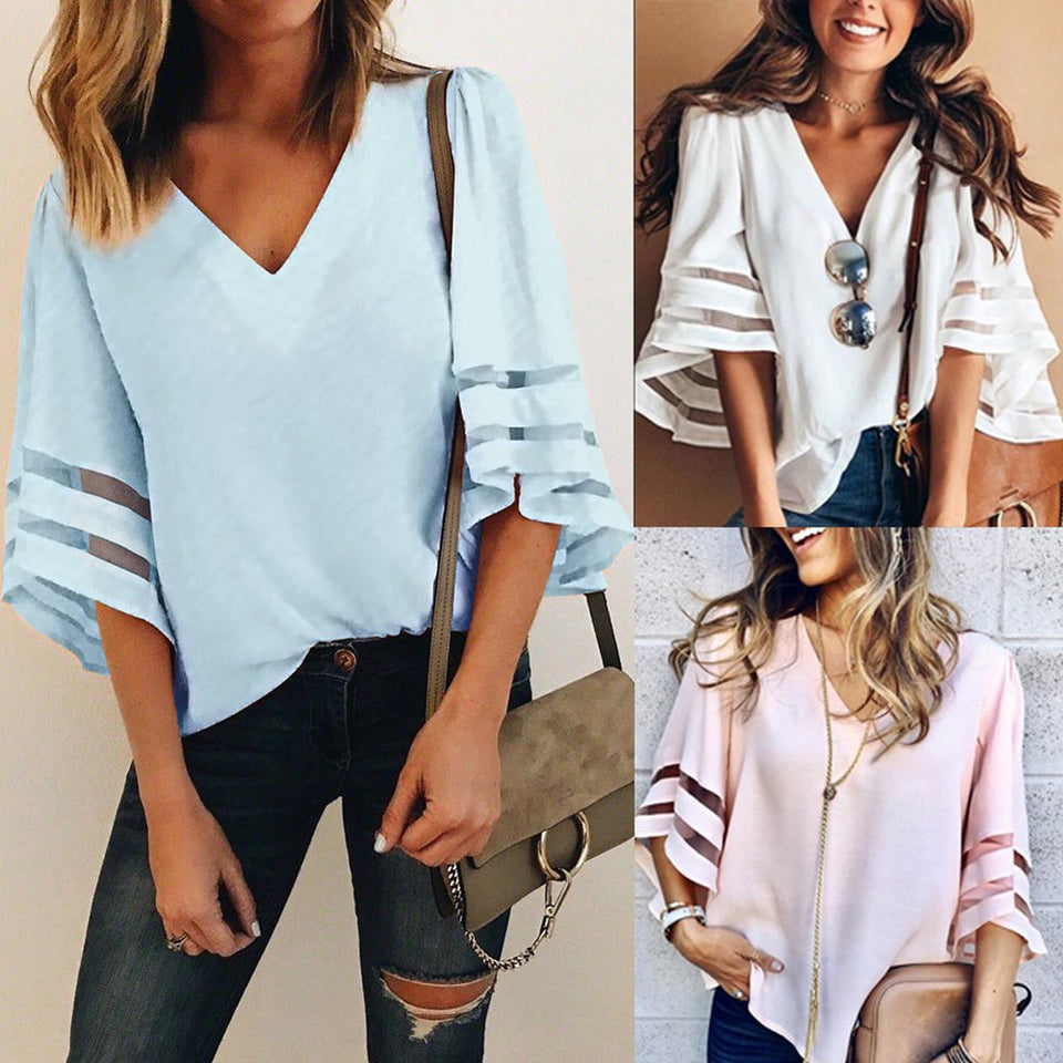 Zehui Camisa de Moda para Las Mujeres con Cuello en V Tipo de Gasa, Blusa Suelta de Mujer, Top Top Estilo Exclusivo Blusa Rosado XL