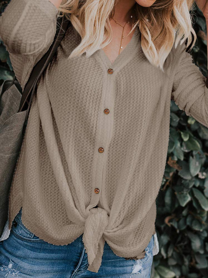 Eachbid Blusa Suelta para Mujer de Manga Larga con Cuello en v Abajo del botón Camisetas Tie Nudo Frontal Tops Casuales Ropa t Shirt Camisa de Nueva Moda Mujer de otoño Invierno，Caqui S
