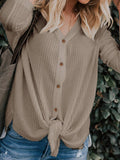 Eachbid Blusa Suelta para Mujer de Manga Larga con Cuello en v Abajo del botón Camisetas Tie Nudo Frontal Tops Casuales Ropa t Shirt Camisa de Nueva Moda Mujer de otoño Invierno，Caqui S